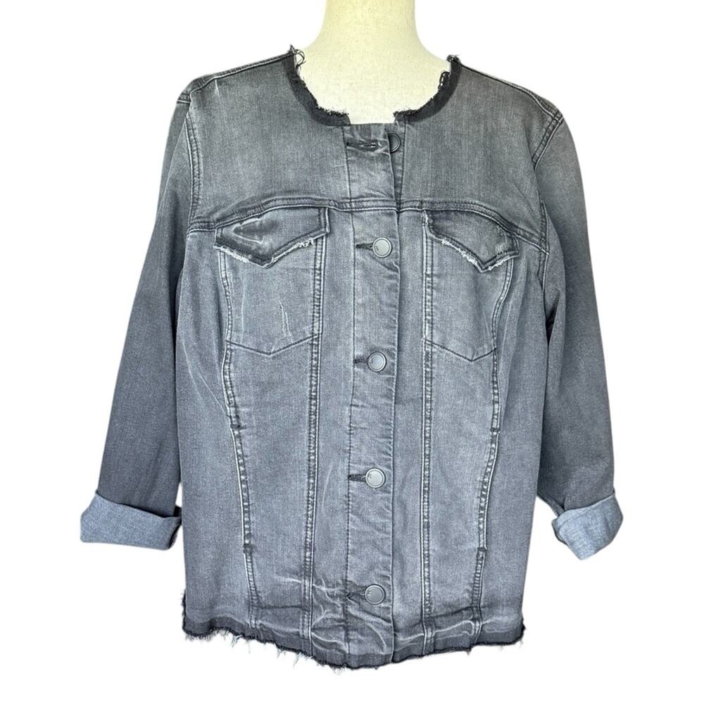 Lane Bryant Black Denim Collarless Jacket Raw Hem Plus Size 18 Edgy Fall Layer